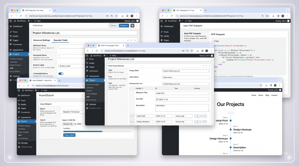 Field Group editor showing Repeater field configuration with sub-fields