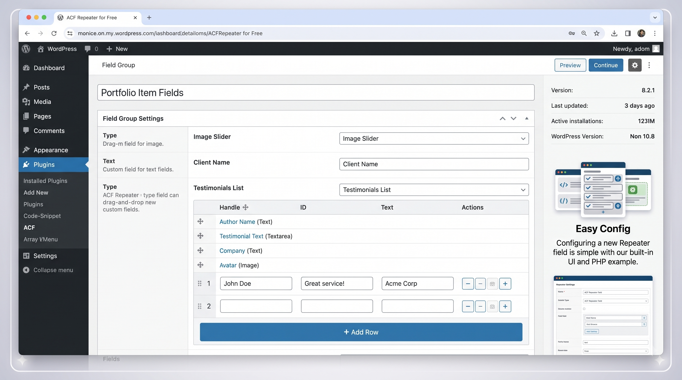 Table Layout mode — data displayed in a clean tabular format with drag handles