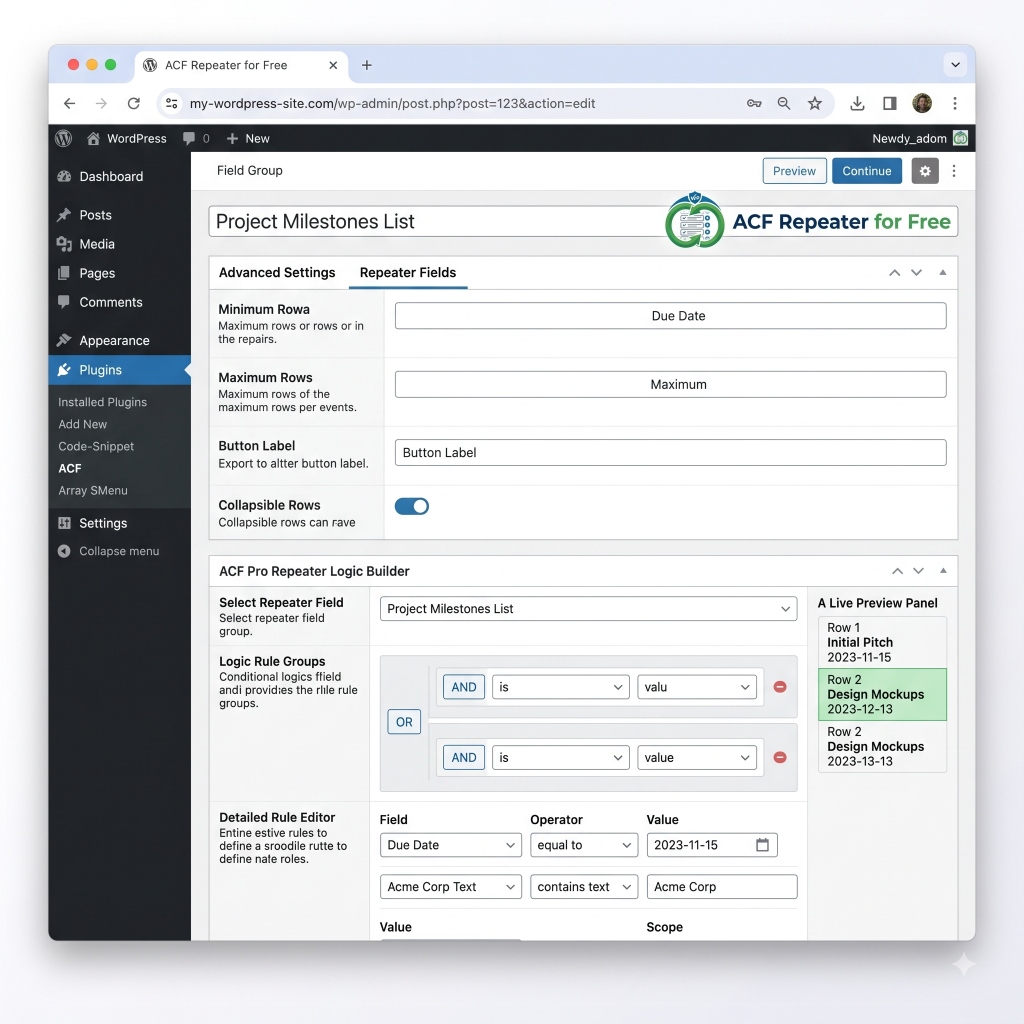Row Layout mode — stacked vertical rows with full-width fields
