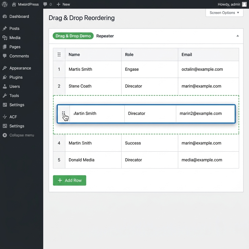 Drag & Drop reordering — intuitive row sorting in action