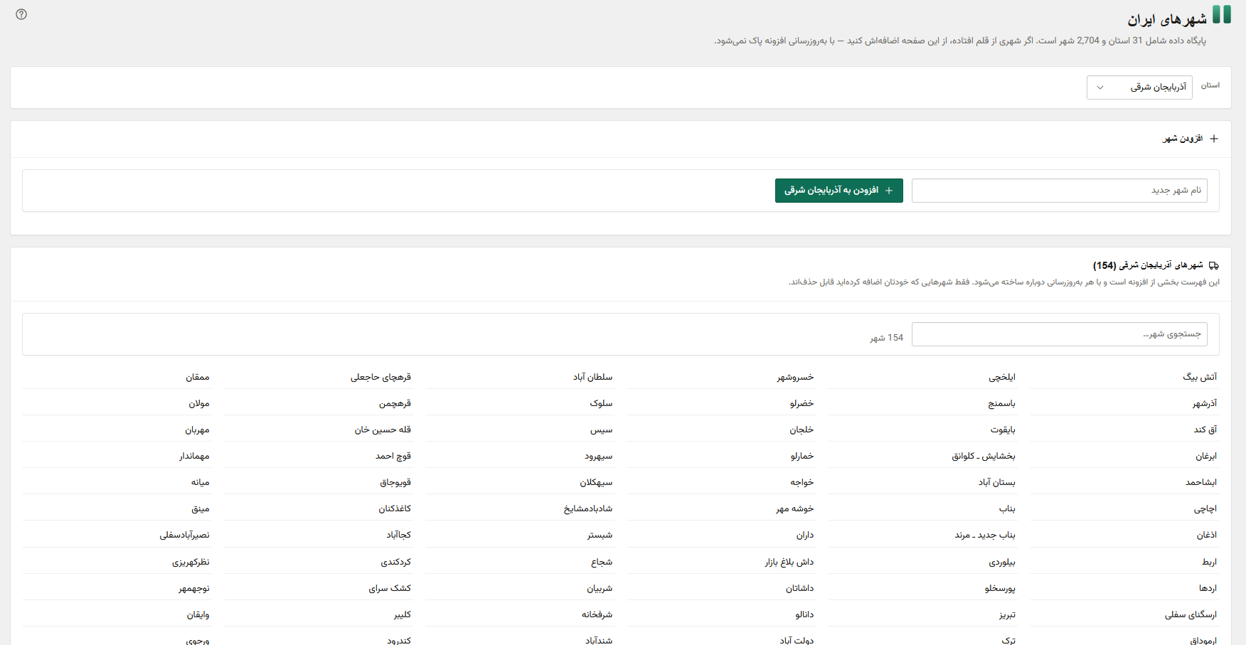 Iran's 31 provinces and 2,704 cities, with room for cities you add yourself.