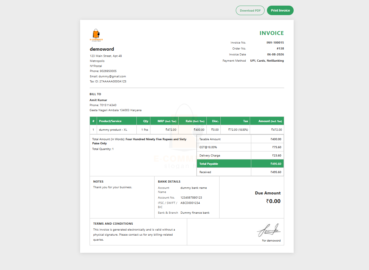 Professional invoice PDF generated from WooCommerce orders.