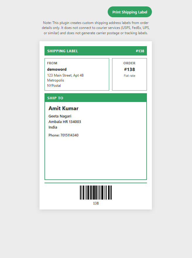 Printable 4 x 6 shipping address label from an order.