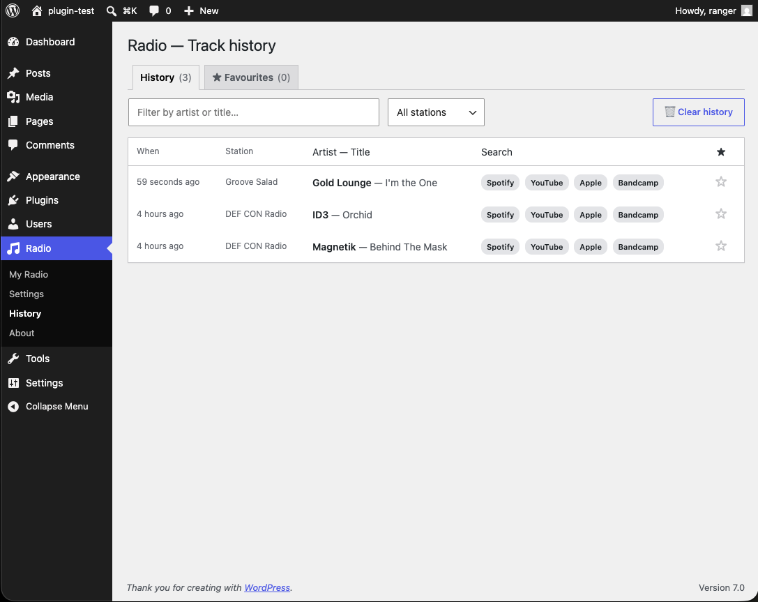 Track History page — every track that scrolled past, star-to-favourite, with Spotify / YouTube / Apple / Bandcamp deep-link search per row.
