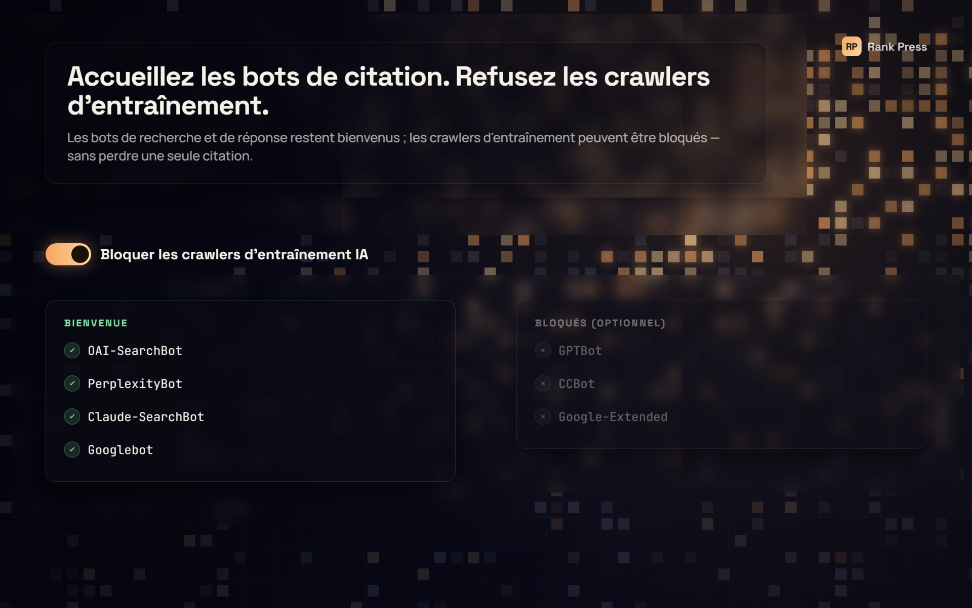 Welcome citation bots like ChatGPT, Perplexity, Claude and Googlebot, and optionally refuse AI training crawlers.