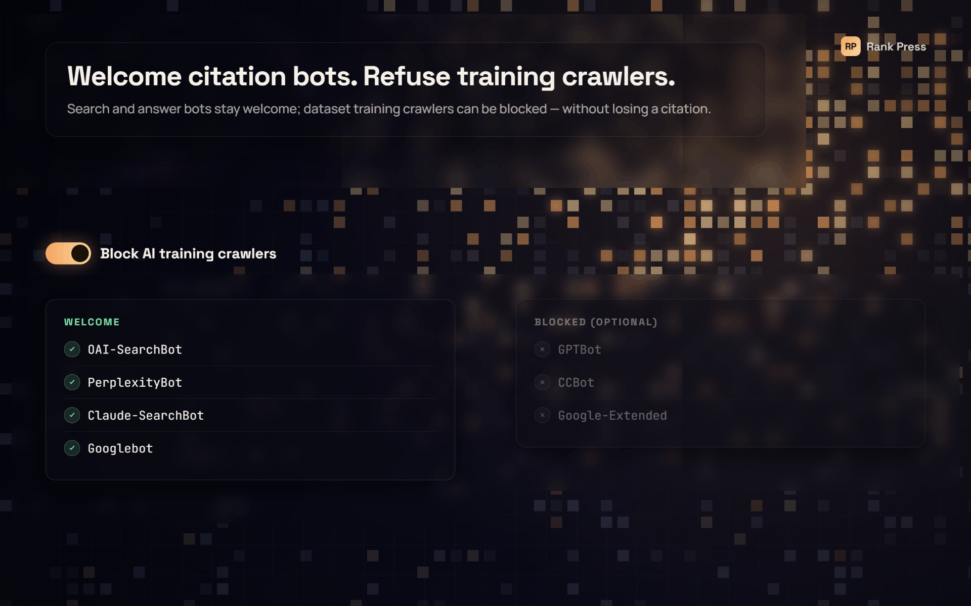Welcome citation bots like ChatGPT, Perplexity, Claude and Googlebot, and optionally refuse AI training crawlers.