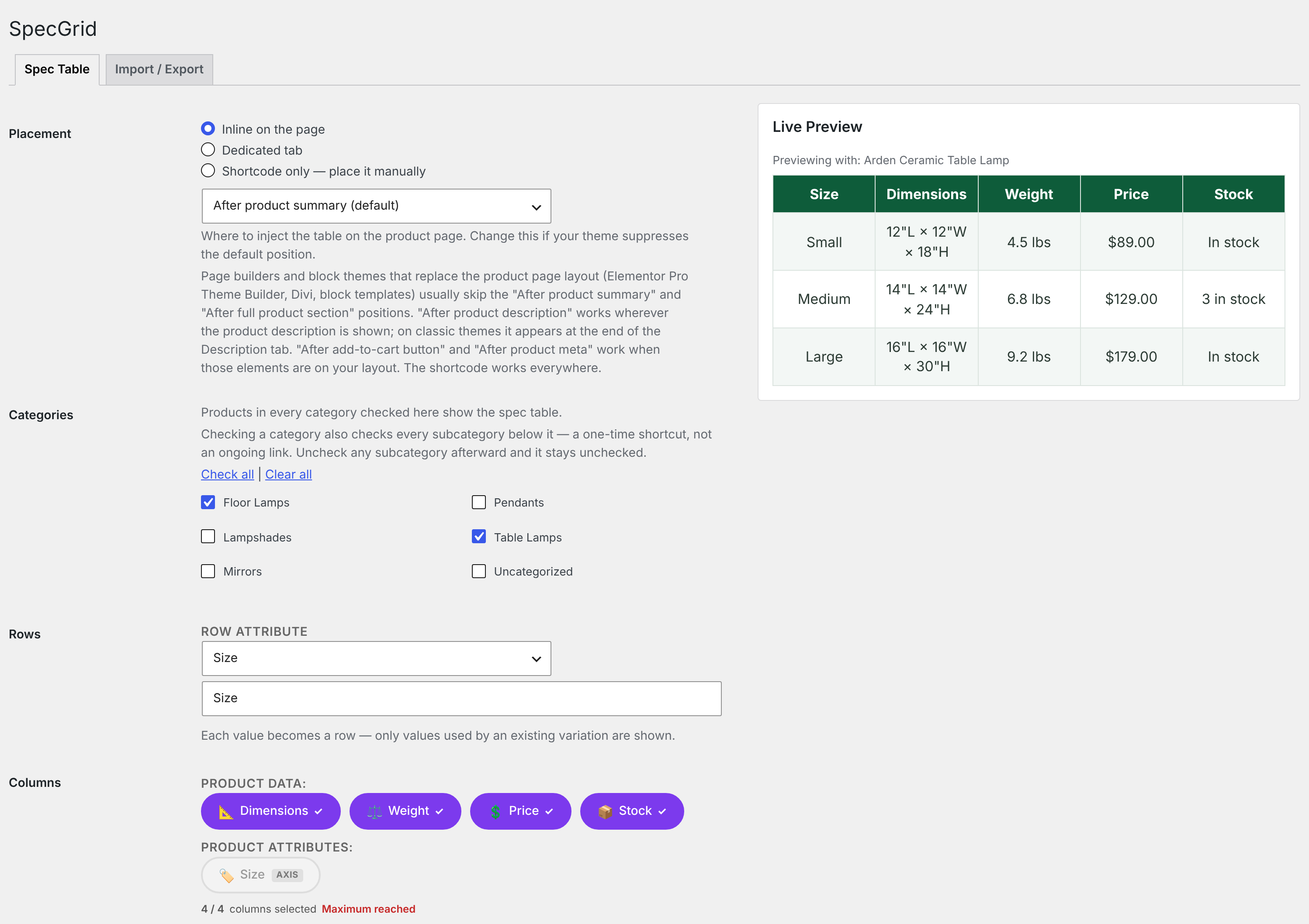 Settings screen with live preview