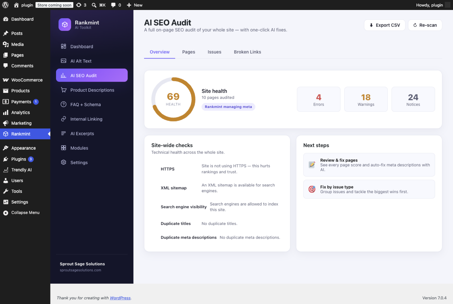 AI SEO Audit — your whole-site health score and site-wide technical checks.