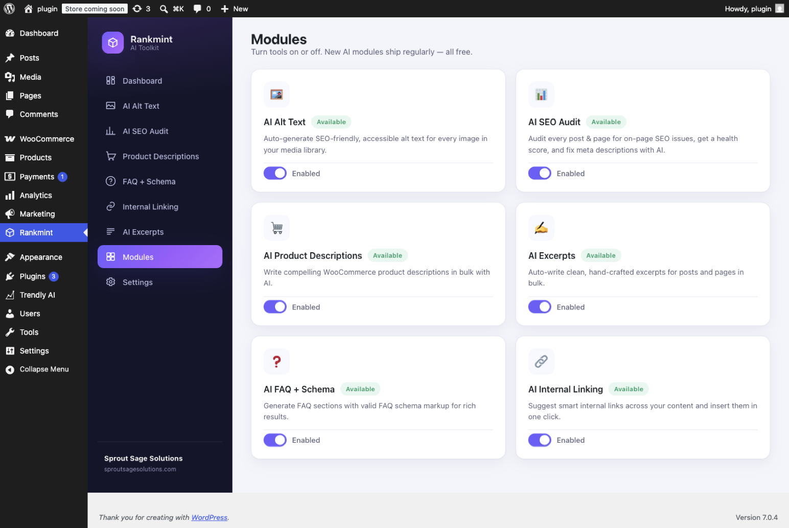 Six AI tools in one plugin — turn on only the modules you need.