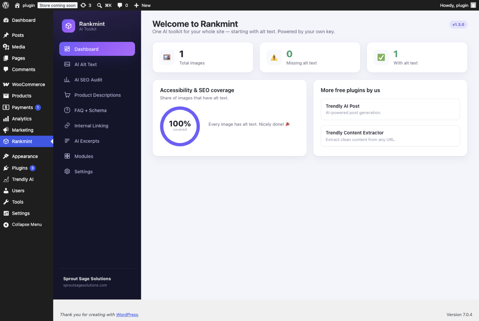 The Rankmint dashboard — one AI toolkit, powered by your own key.