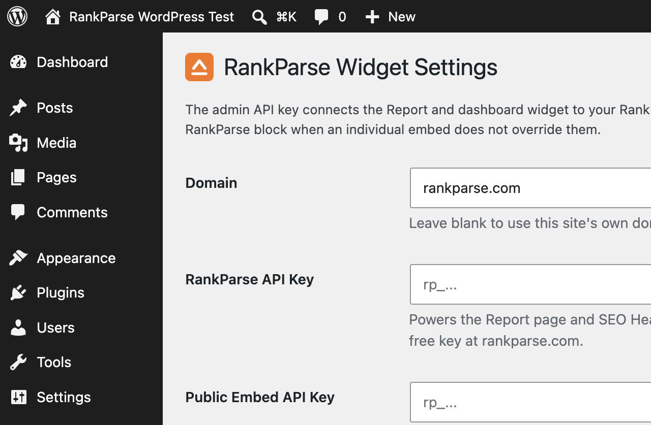 RankParse -> Settings: connect an API key, and set a default domain, accent color, and background color.