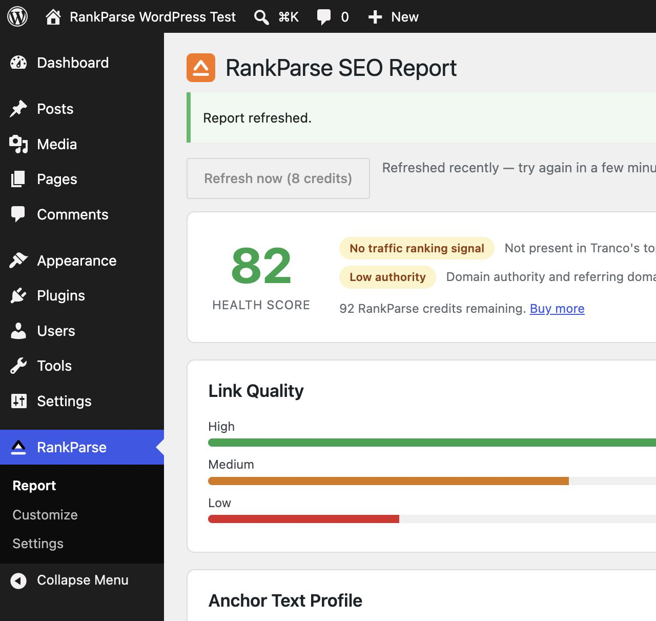 RankParse -> Report: full backlink health report with risk flags, link quality, and anchor profile.