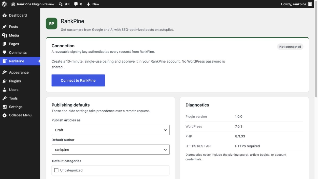 The initial RankPine pairing screen and safe publishing defaults.