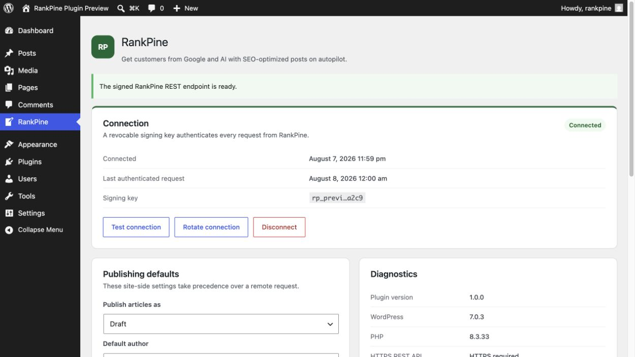Connected status with a successful signed endpoint test, rotate, and disconnect controls.
