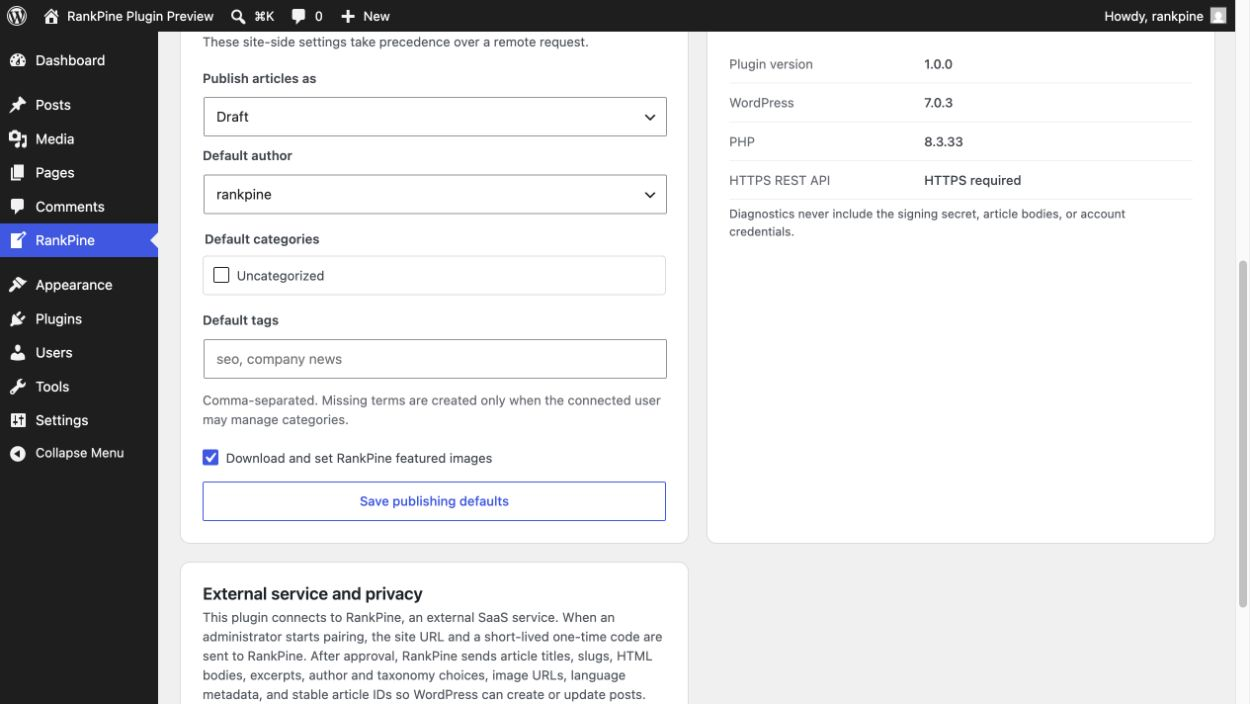 Publishing defaults, secret-free diagnostics, and the external-service privacy disclosure.
