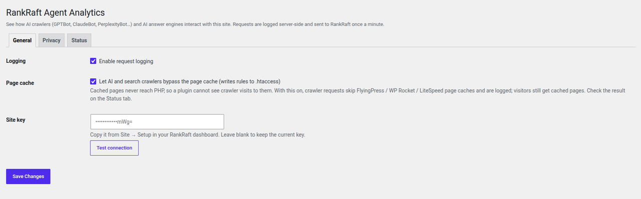 Settings → RankRaft AI: the whole General tab — site key, logging toggle and the crawler cache-bypass option.