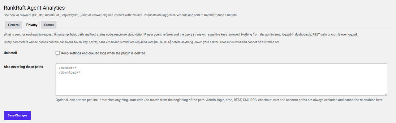 Privacy tab: exactly what is sent, the redaction list that cannot be switched off, and optional extra paths to exclude.