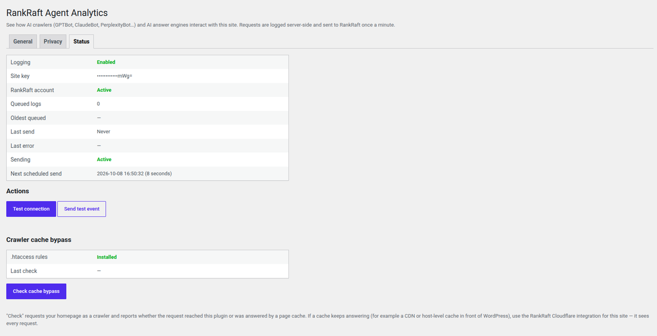 Status tab: delivery health, queue depth, last send and the next scheduled run.