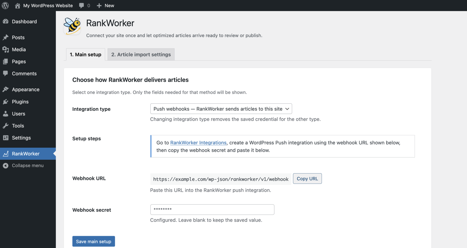 RankWorker plugin Push settings in WordPress.