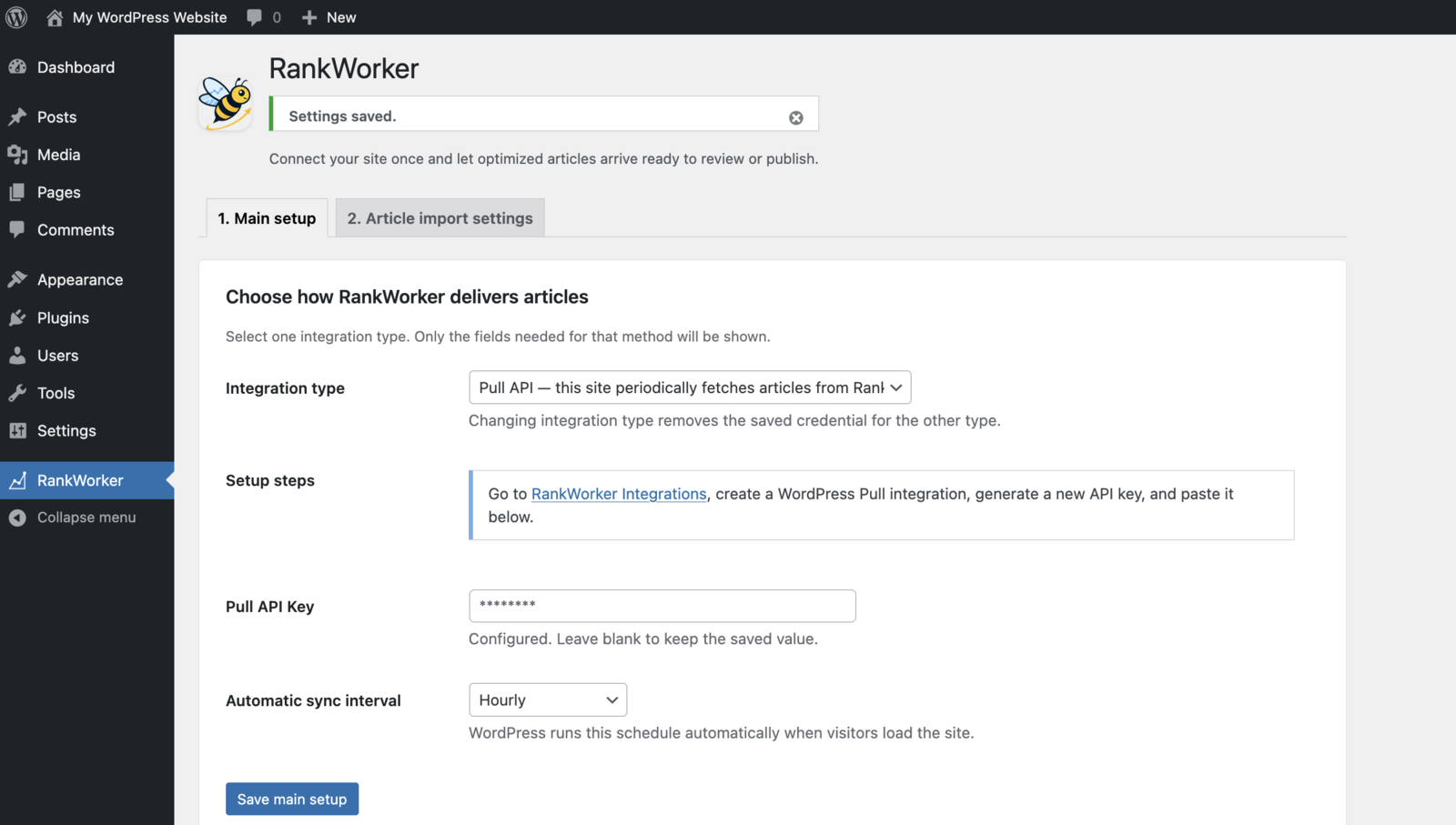 RankWorker plugin Pull settings in WordPress.