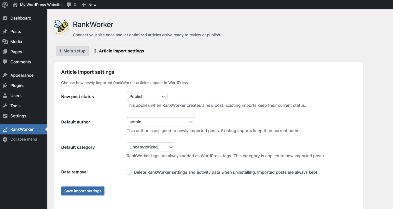 RankWorker plugin article import settings in WordPress.