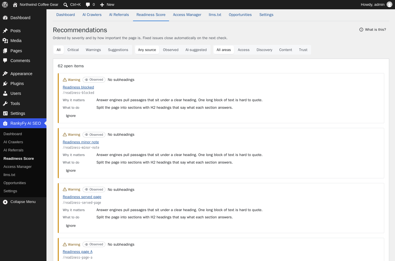 Recommendations, ordered by severity and how important the page is.