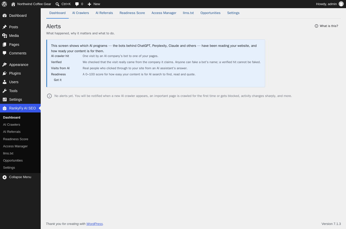 Alerts — new crawlers, blocked crawlers, impersonation, score drops.