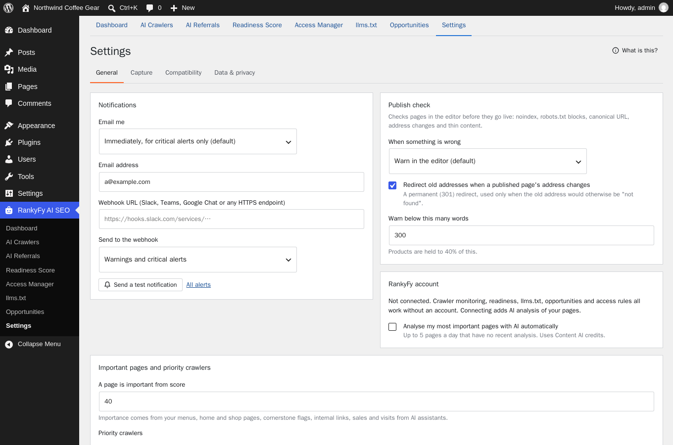 Settings — capture, verification, the remote-updates opt-in, data and privacy.