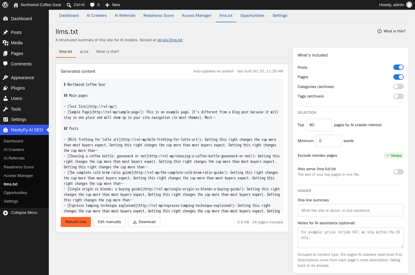 llms.txt — the generated file, what is included and which crawlers fetch it.