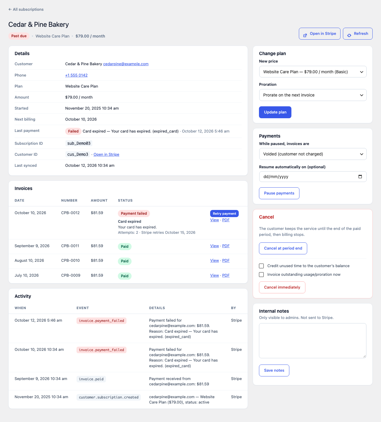Subscription page with invoices, failed-payment reason and actions.