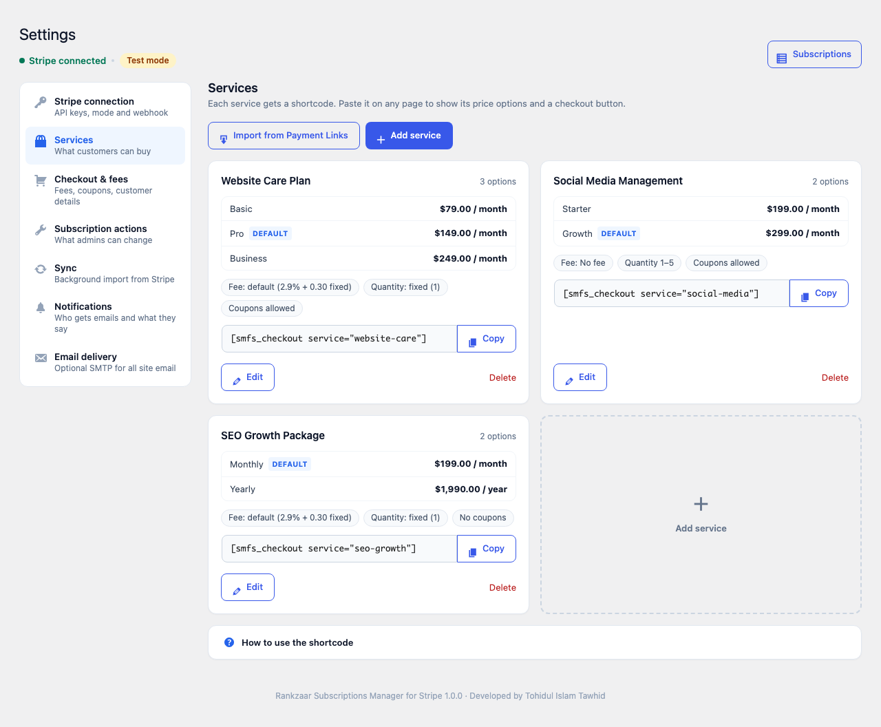Services with price options and copy-ready shortcodes.