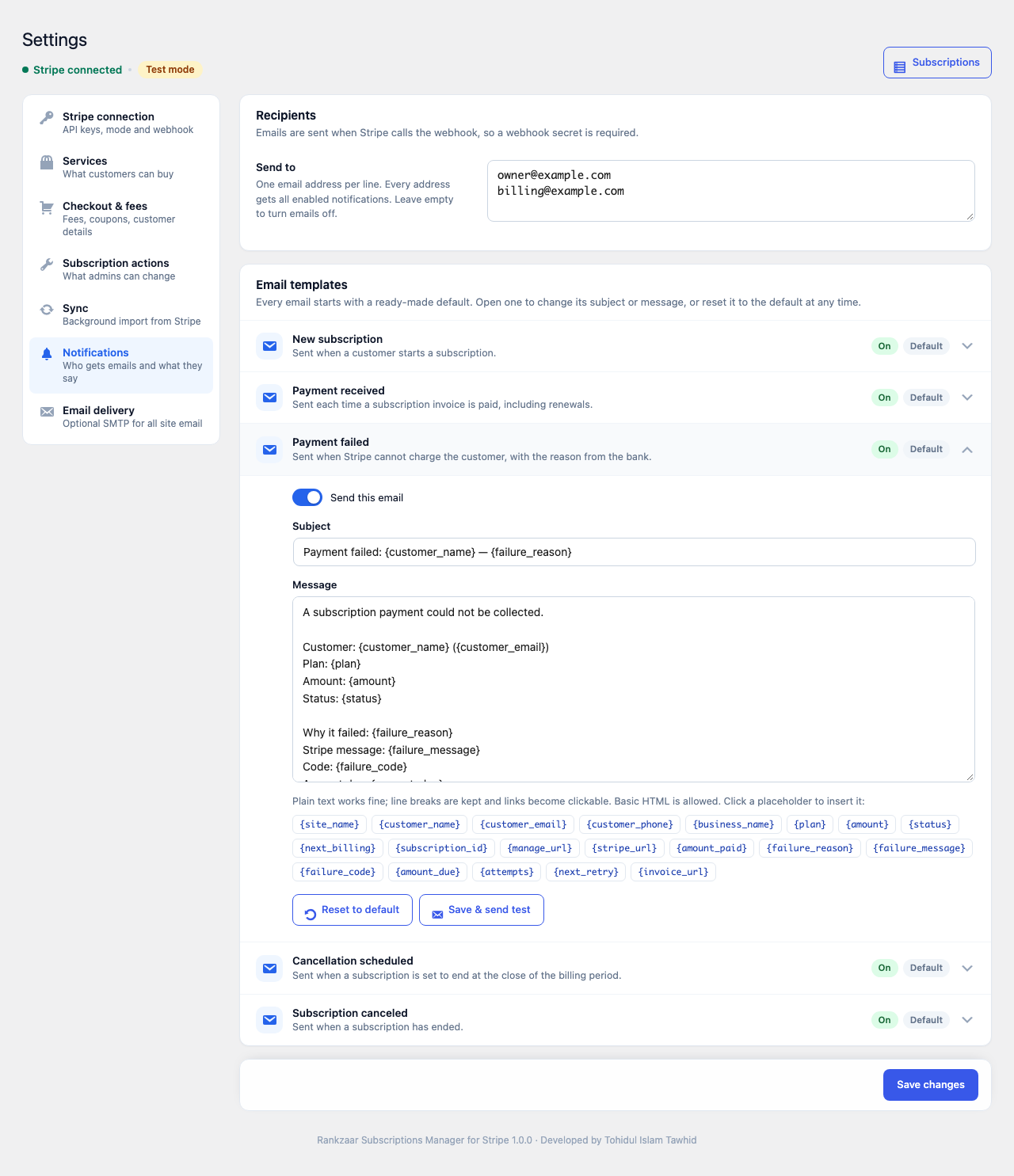 Notification email templates with placeholders.