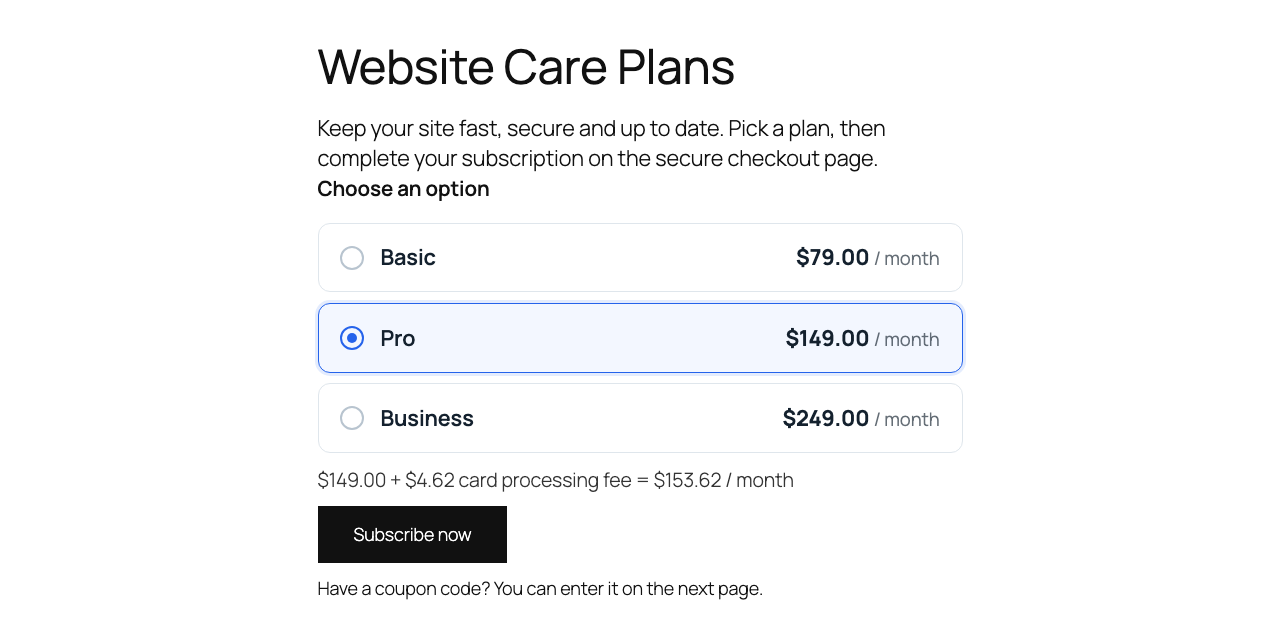 Checkout shortcode on the front end.