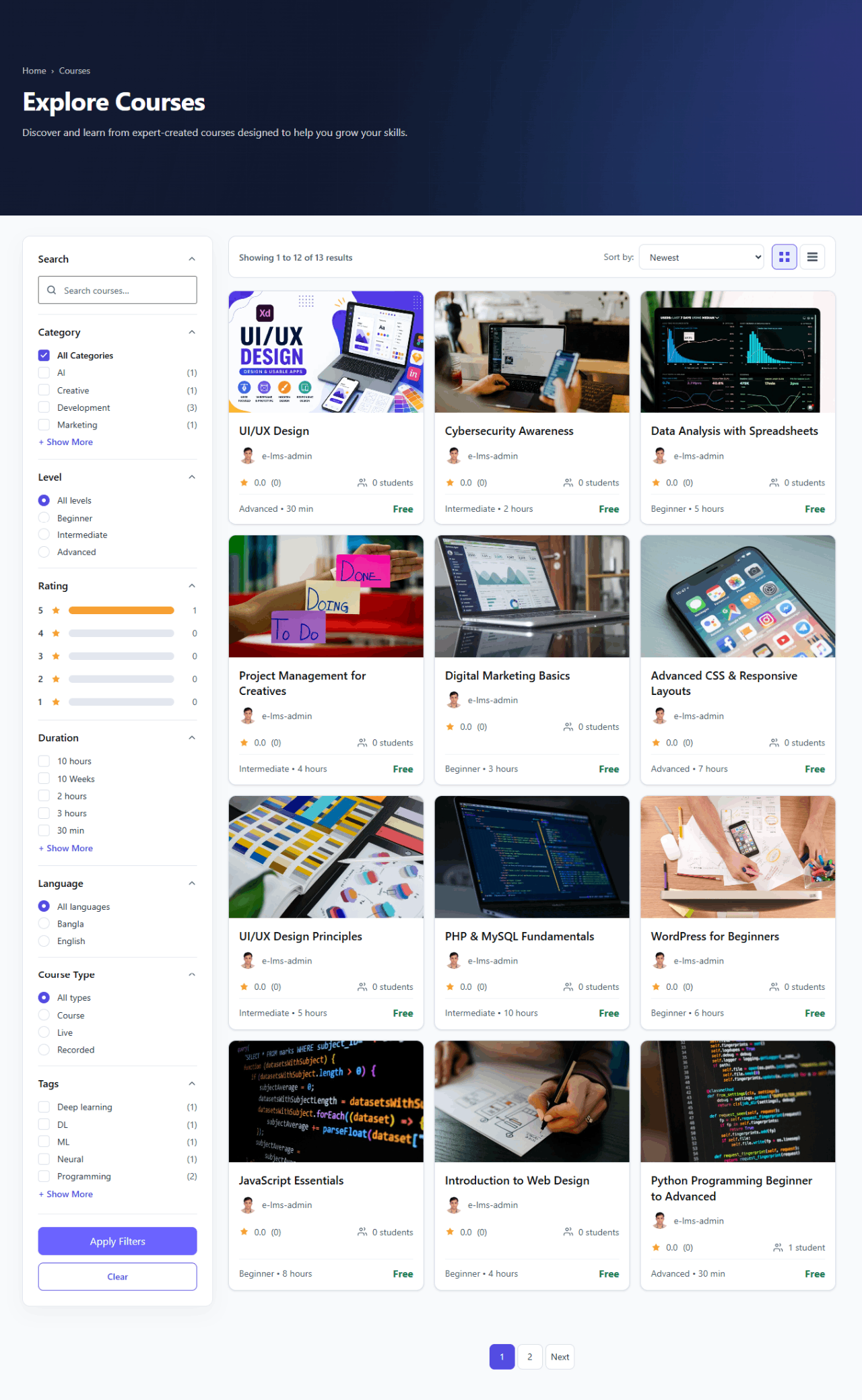 Course page — explore the course archive with filters, sorting, and course cards.