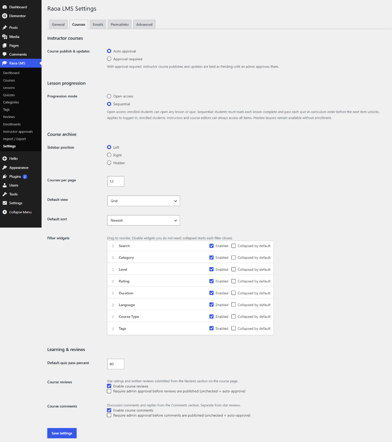 Course settings — Raoa LMS Courses settings tab.