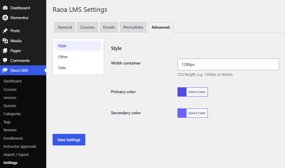 Advanced settings — Raoa LMS Advanced settings tab.