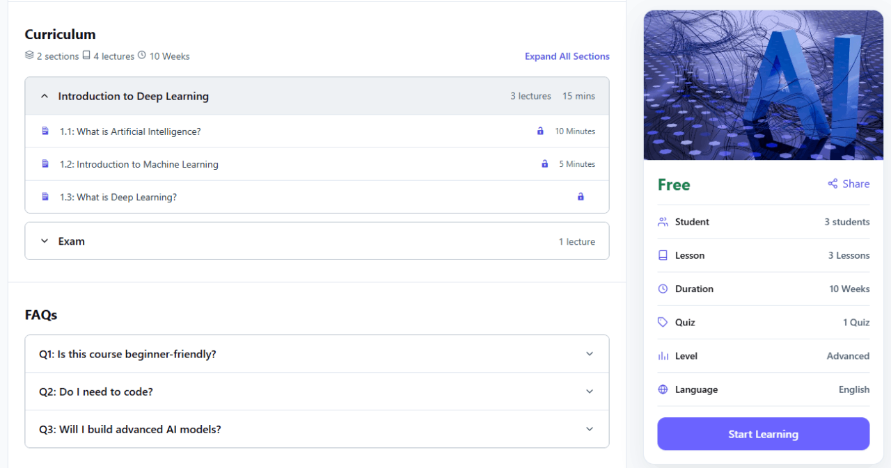 Course details page — single course view with overview, instructor, and enroll sidebar.