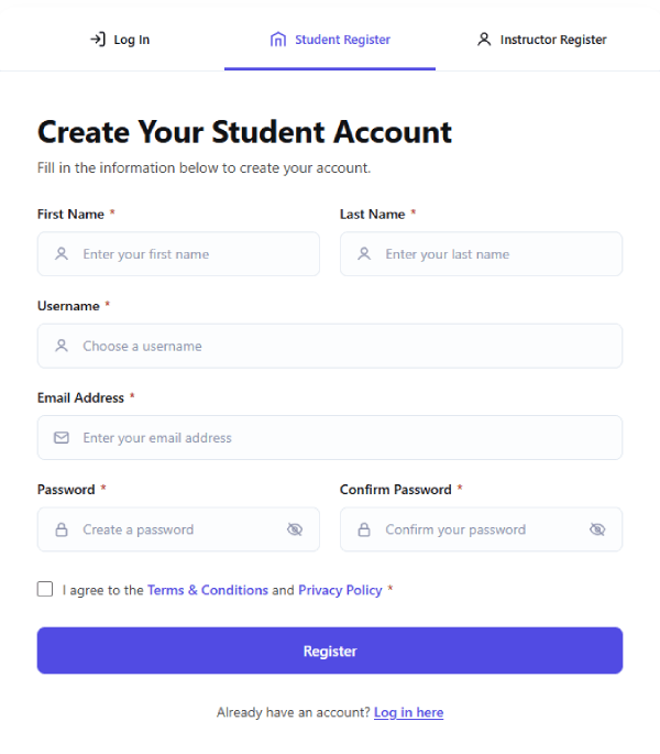 Student register form — create a student account.