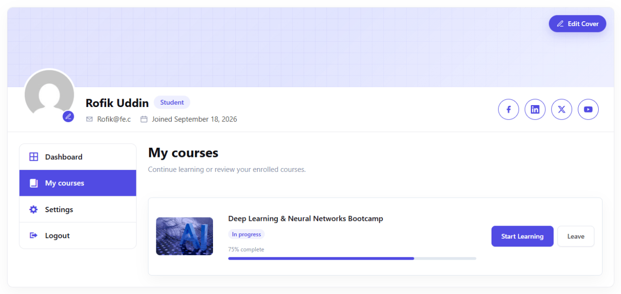 Student dashboard courses — My Courses list inside the student portal.
