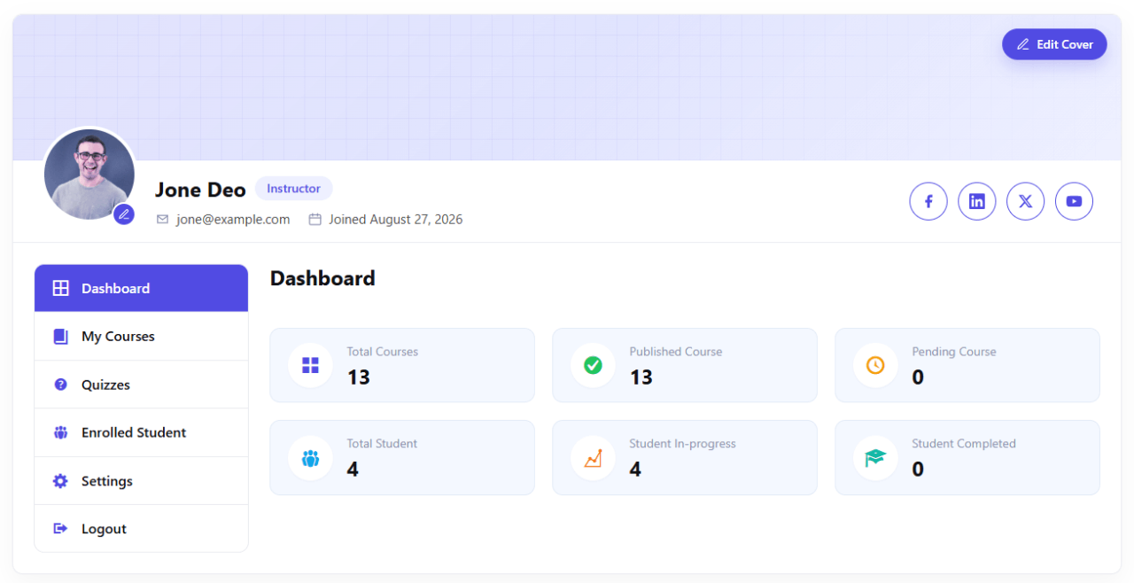 Instructor dashboard — instructor overview with owned courses and student counts.