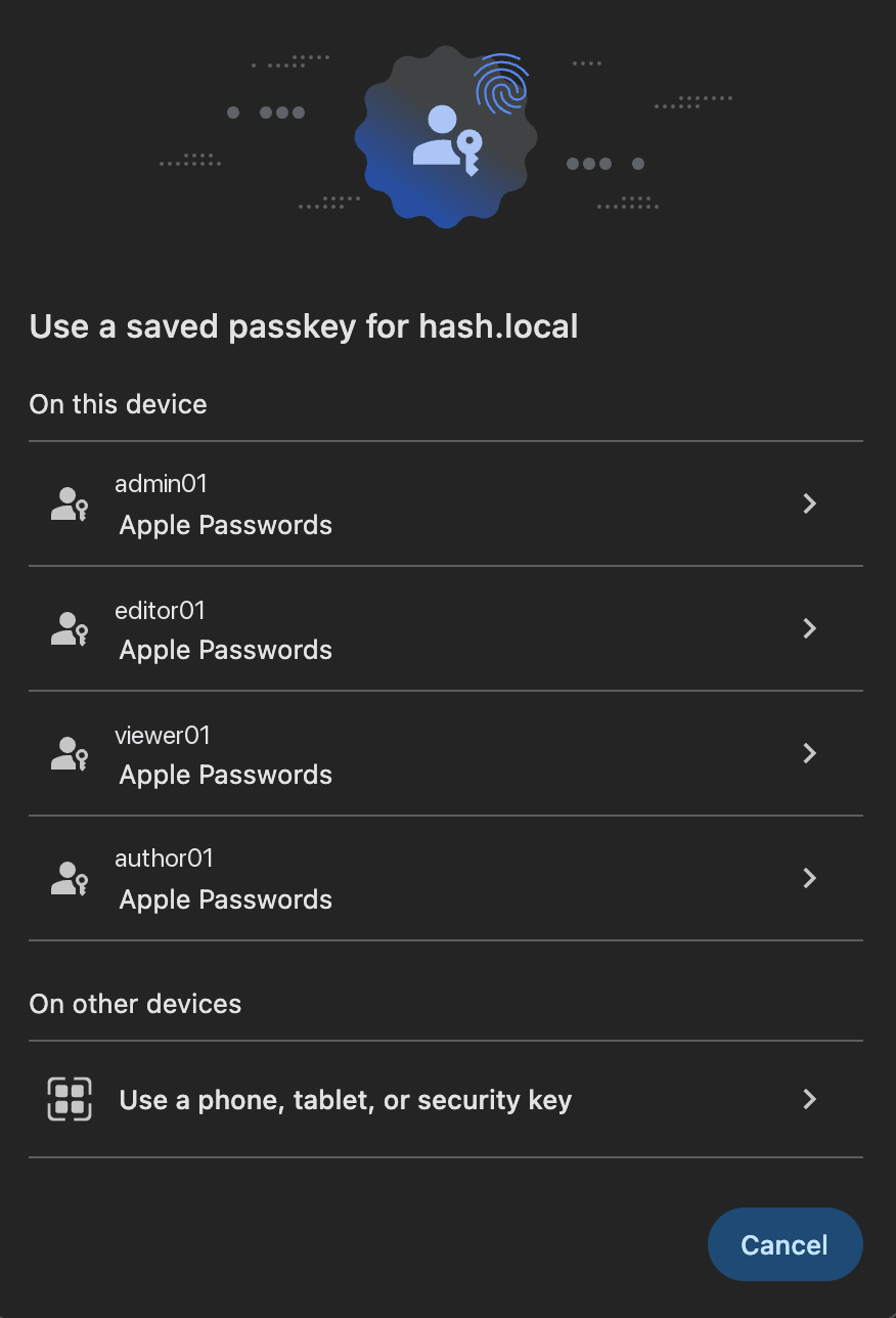 The browser offers the passkeys saved for this site.