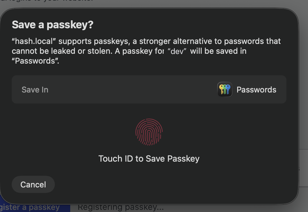 Touch ID confirms before the passkey is saved.