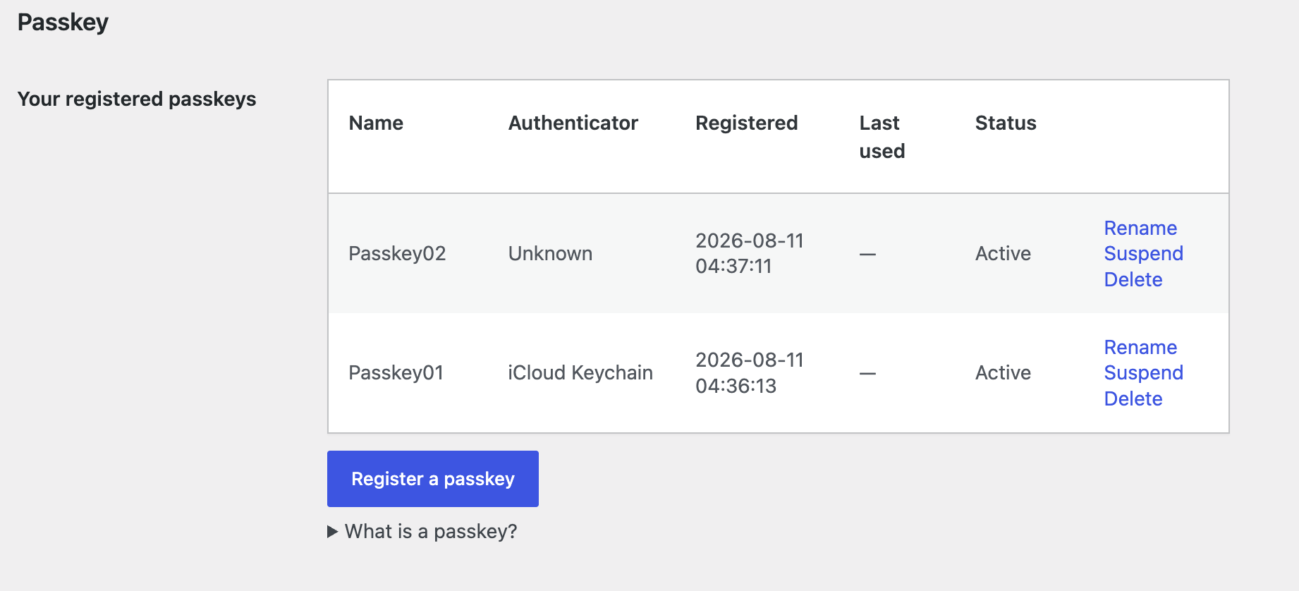 The first-run check: HTTPS, the relying-party ID, and the WebAuthn library.