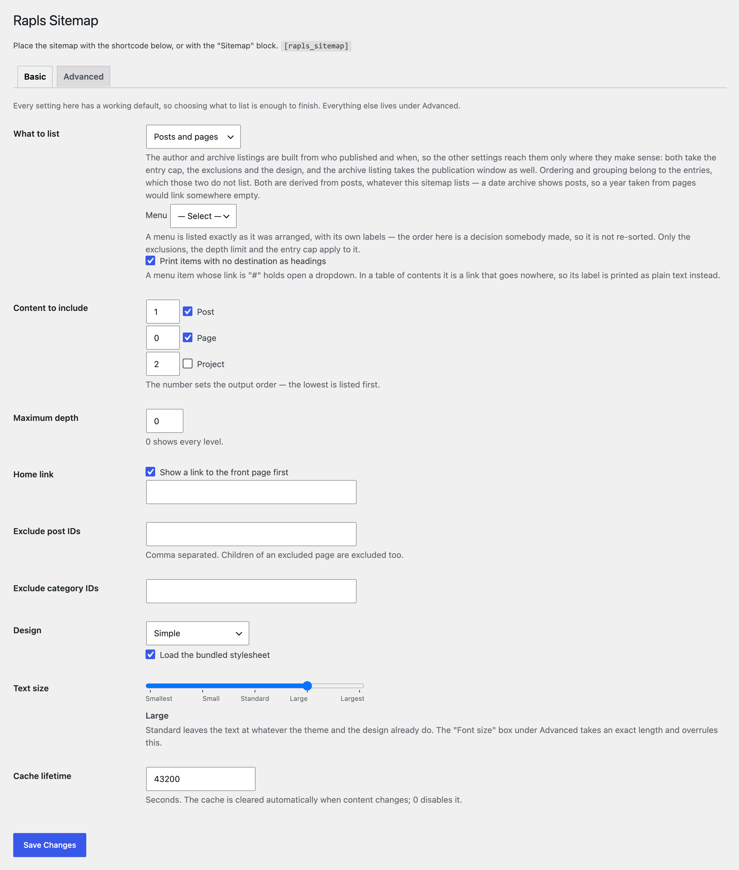 The Basic tab: what to list, how deep, what to leave out, which design to use, and how big the text is.