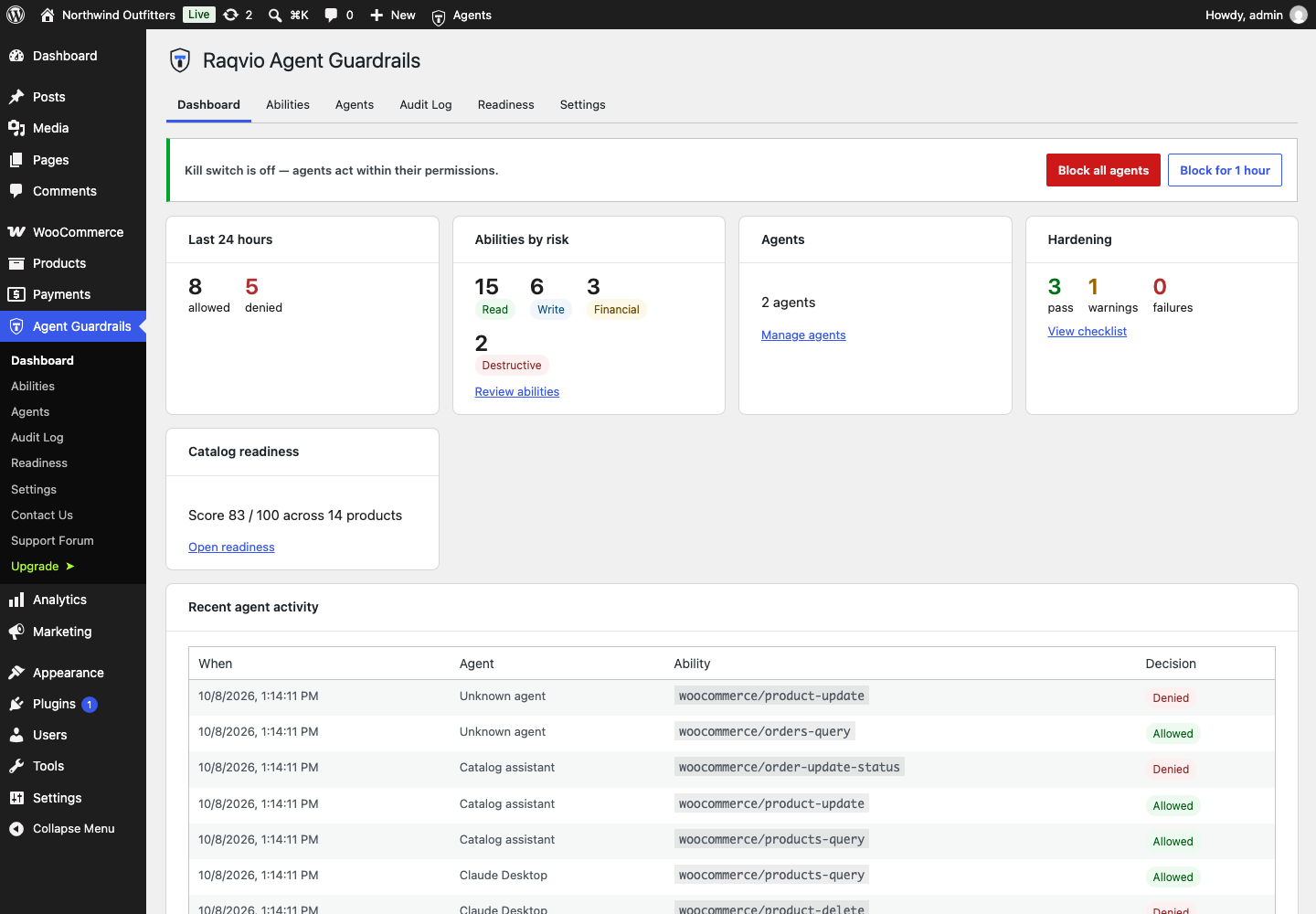 The dashboard: kill switch, the last 24 hours of agent activity, abilities by risk, agents, hardening and catalog readiness.