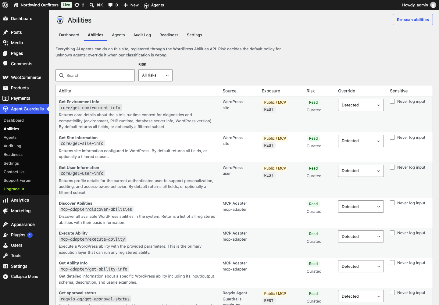 Every ability on the site, with its risk level, exposure and overrides.