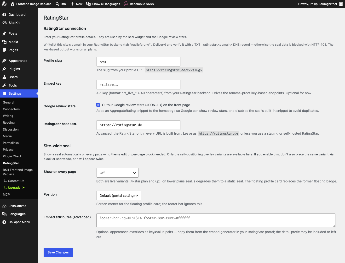 Settings → RatingStar: profile connection, Google review stars and the site-wide seal.