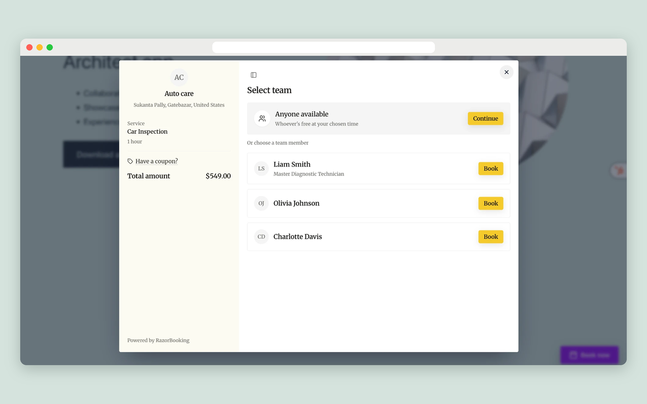 Booking form on a WordPress page: customers pick a service, team member and time.