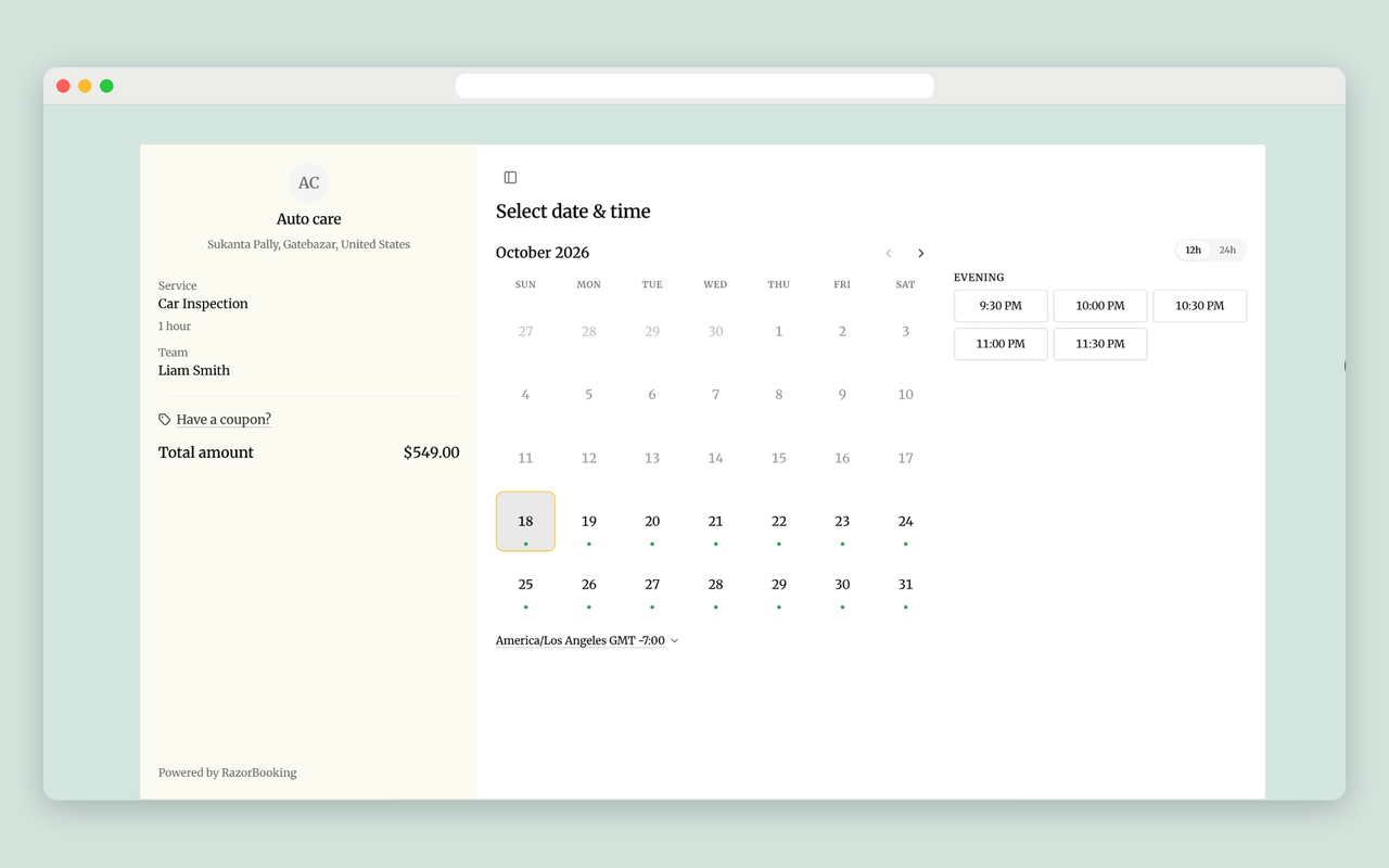 Calendar selection and date/time picker for appointment.