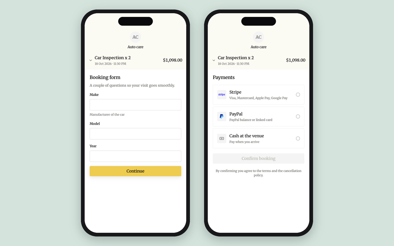 Booking form and payment provider selection.